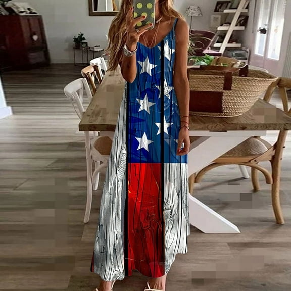 Fartey Women's Patriotic Maxi Dresses American Flag Print Dress Summer V Neck Dressws Spaghetti Strap Sleeveless Dresses Casual Loose Festival Sundress Red XXL