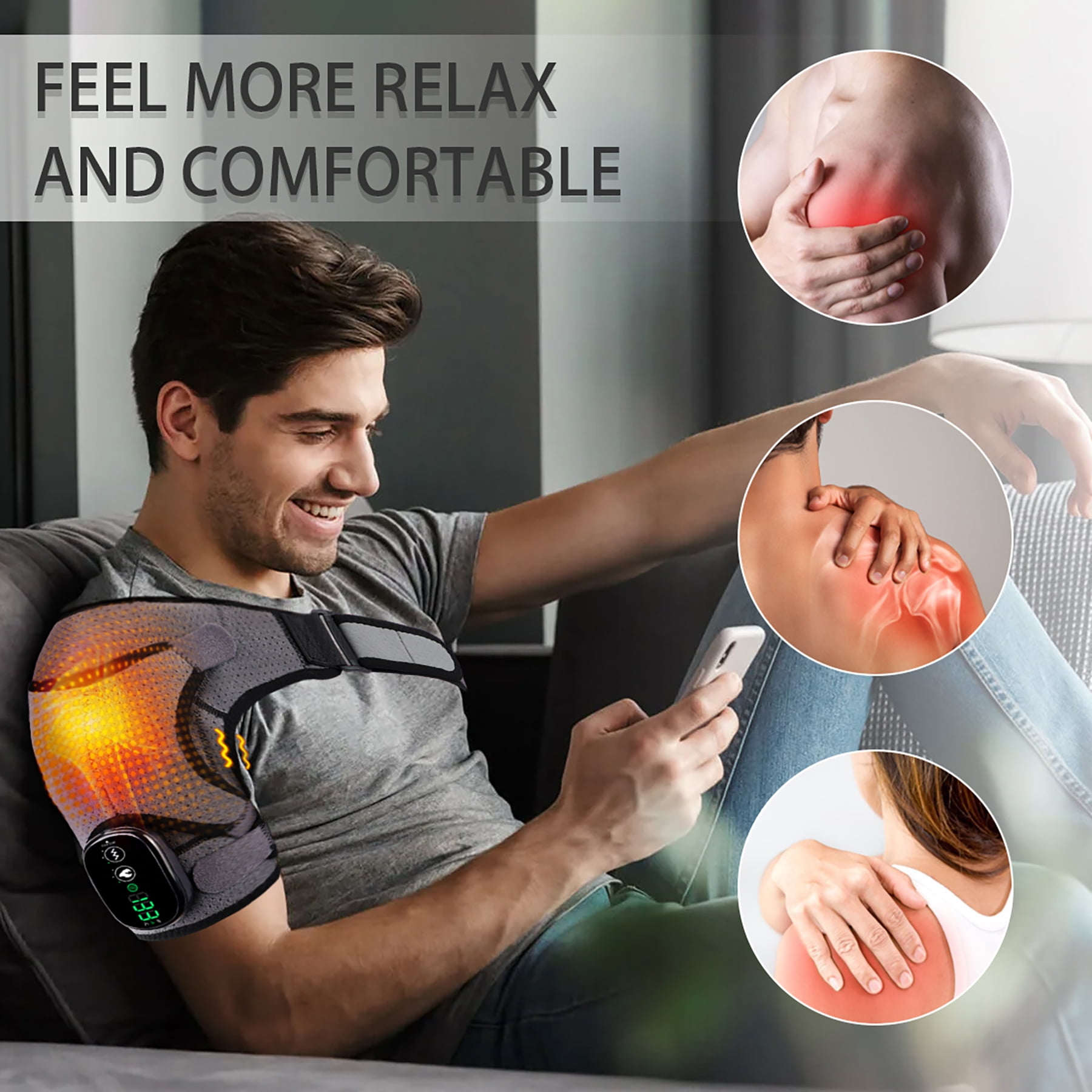 Kahopy Heated Shoulder Brace Wrap for Men Women, Shoulder Heating Pad with 3 Vibration and Heat Settings for Rotator Cuff Pain Relief