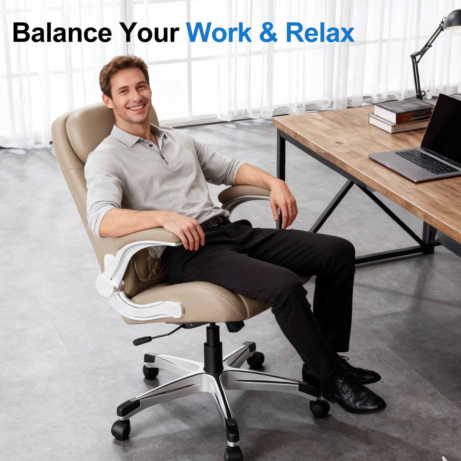 Nouhaus Office Ergonomic Desk High Back Executive Chair with Pop-Out Lumbar Support, Adjustable Headrest, Flip-Up Arms, Leather Home with Thick Cushion for Comfort - Taupe