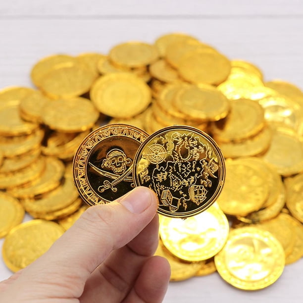 100 Monedas De Oro De Plástico – Doble Cara – Diámetro 3.5 Cm – Ideales Para Fiestas Piratas, Juegos Y Recompensas