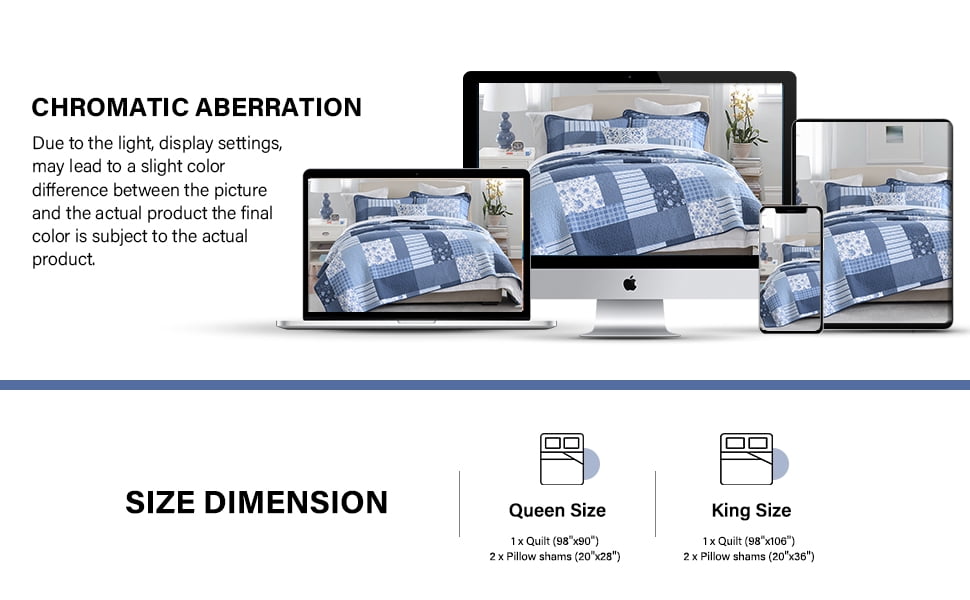CozyDH Blue Plaid King Quilt Set, 100% Cotton Soft Lightweight 3-Piece Bedding Set, Classic Patchwork Bedspread Coverlet with 2 Shams