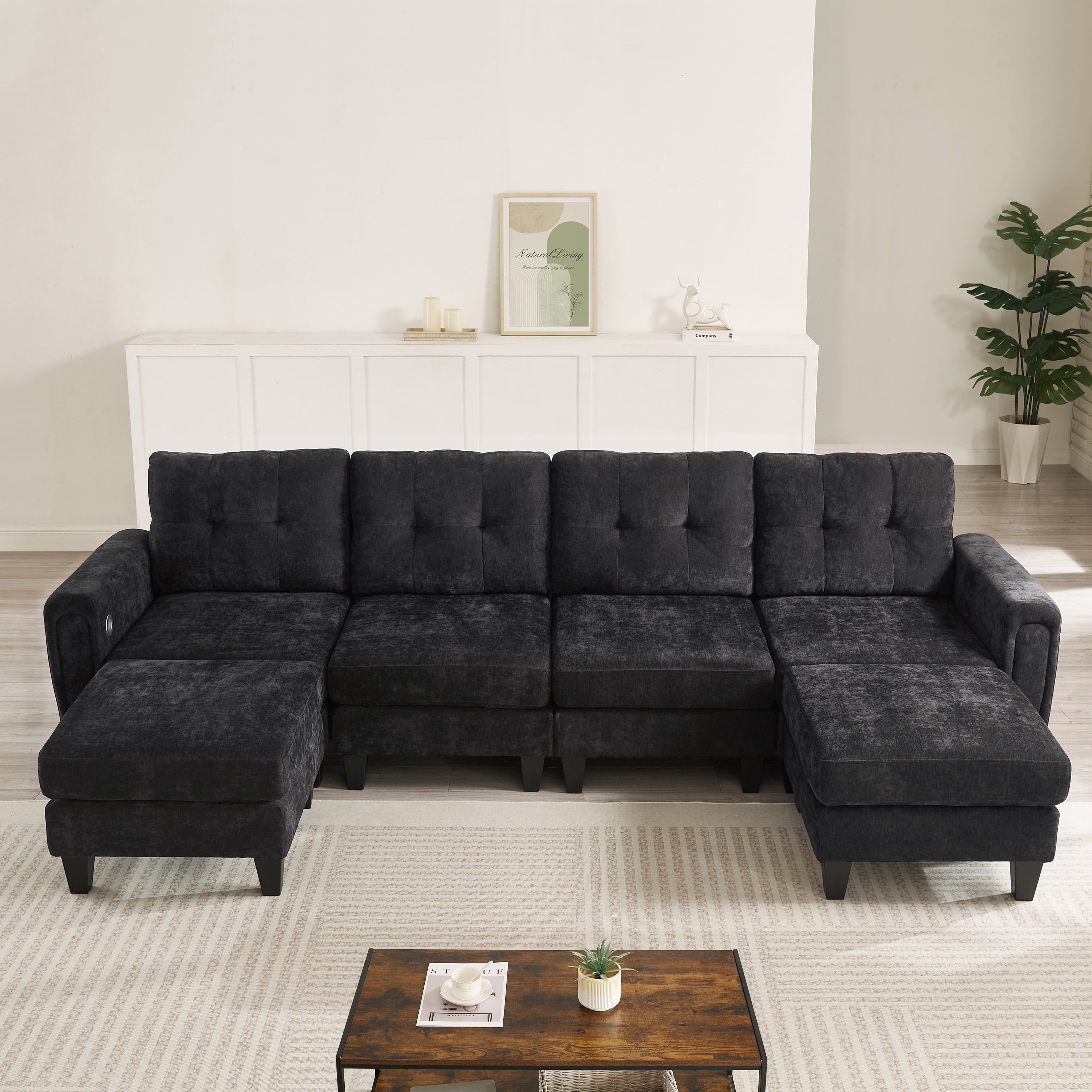 Euroco Modern Sectional Sofa 115" U-shaped Sofa Upholstered Sofa Couch with Two Movable Ottomans, USB Ports and Side Tables for Living Room, Black