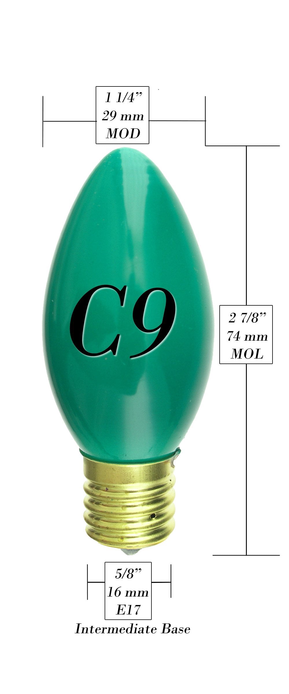 25 Pack 7 Watt C9 Ceramic Green Incandescent Light Bulb, Intermediate Base