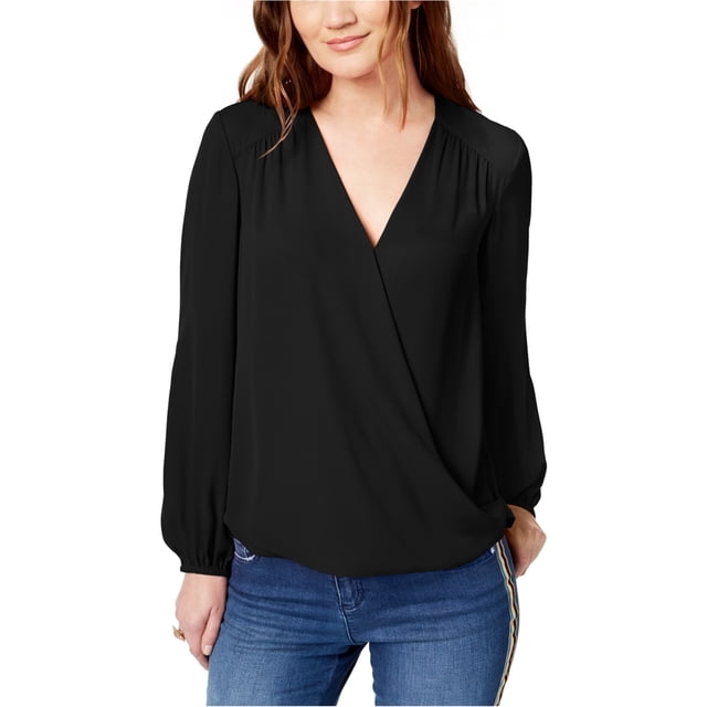 I-N-C Womens Surplice Wrap Blouse black XS