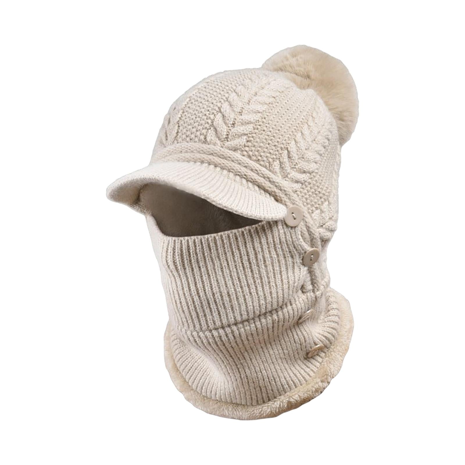DimyFew Elastic Knitted Beanie Hat Neck Gaiter Breathable Button Warmer Winter Ski Mask Khaki