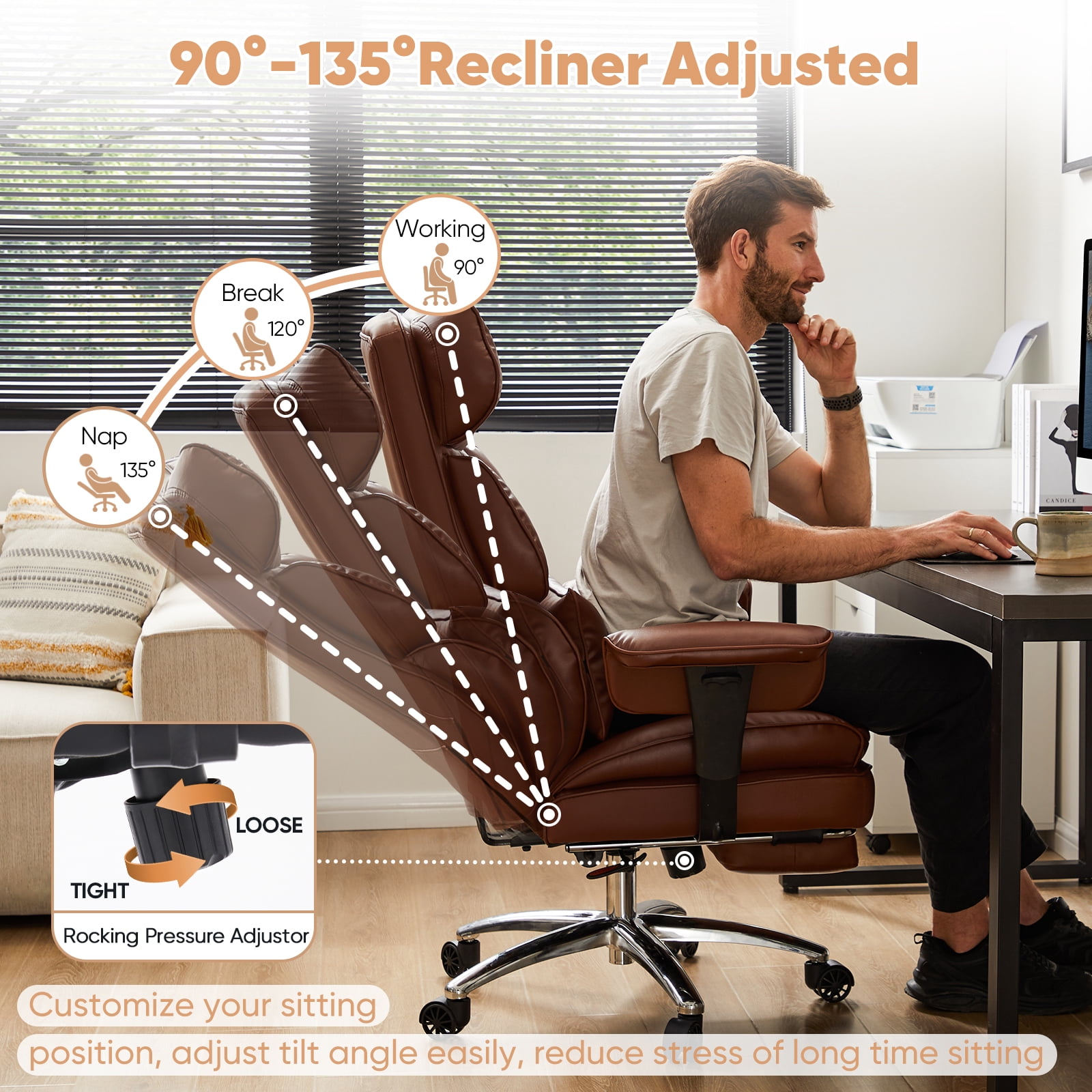 GIANNA Executive Home Office Desk Chair with Swivel Wheels, Footrest & Lumbar Support, Reclining Height Adjustable, Brown