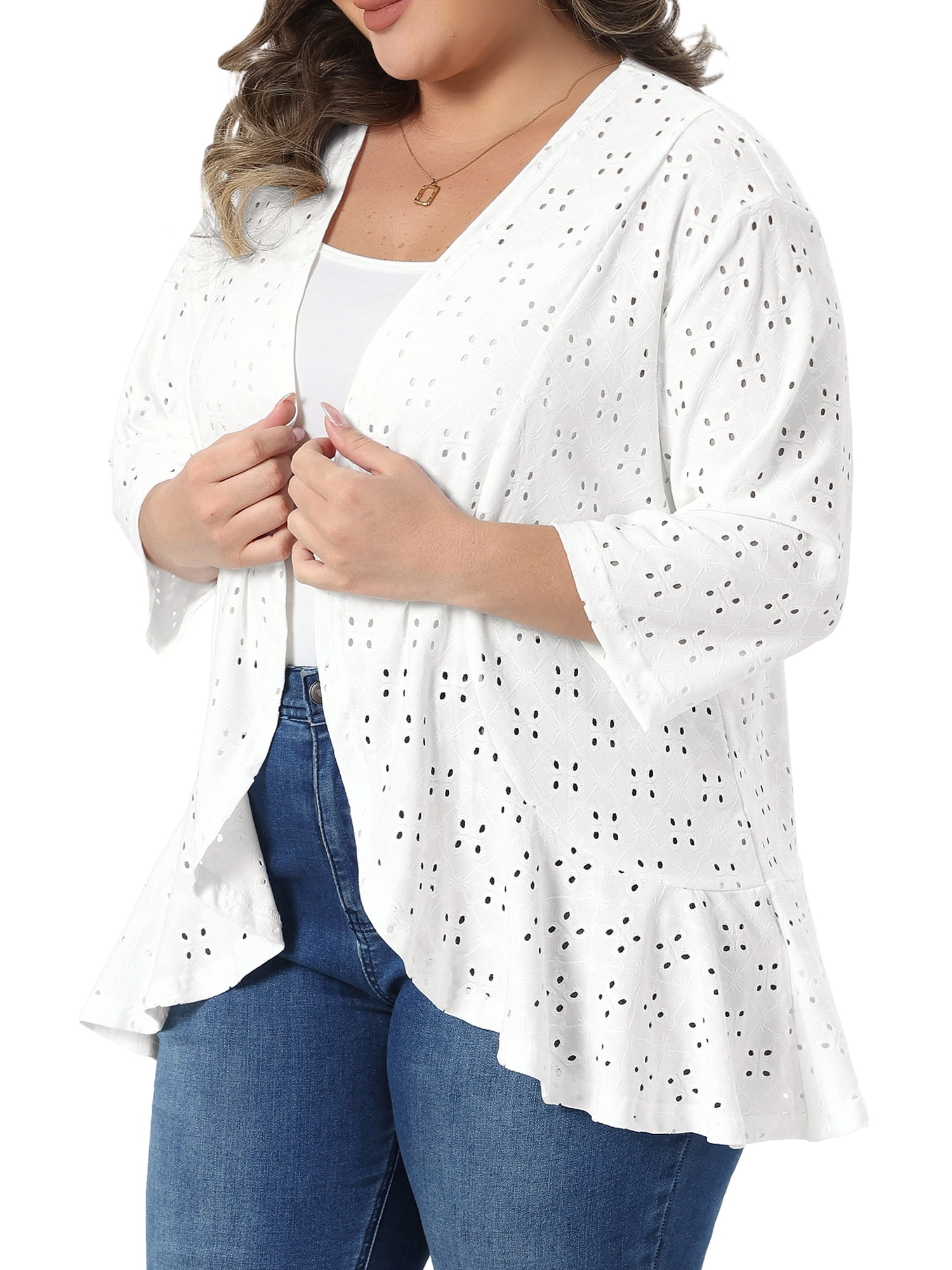 DARING DIVA Women's Plus Open Front 3/4 Sleeve Draped Ruffle Cover Up 4X White