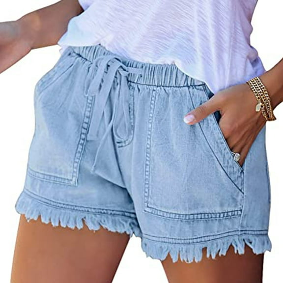 Women Fashion Washed Denim Shorts Casual Drawstring Elastic Waist Frayed Hem Loose Short Jeans Summer Hot Shorts
