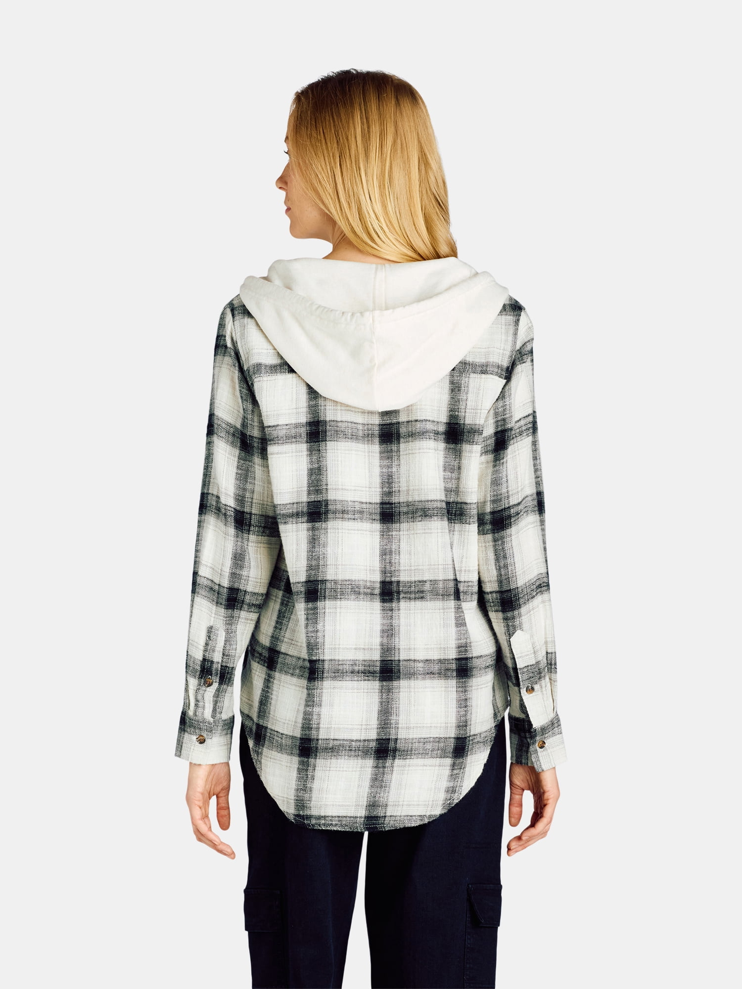 Time and Tru Women s Hooded Flannel Button Down Shirt with Long Sleeves Sizes XS XXXL Walmart
