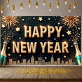 thumbnail image 6 of Gold Letters Happy New Year Banner Fireworks Design New Year Display Star Decorations Champagne Bottle Elements Festive Backdrop for New Year Party Holiday Celebration Indoor Decoration, 6 of 9
