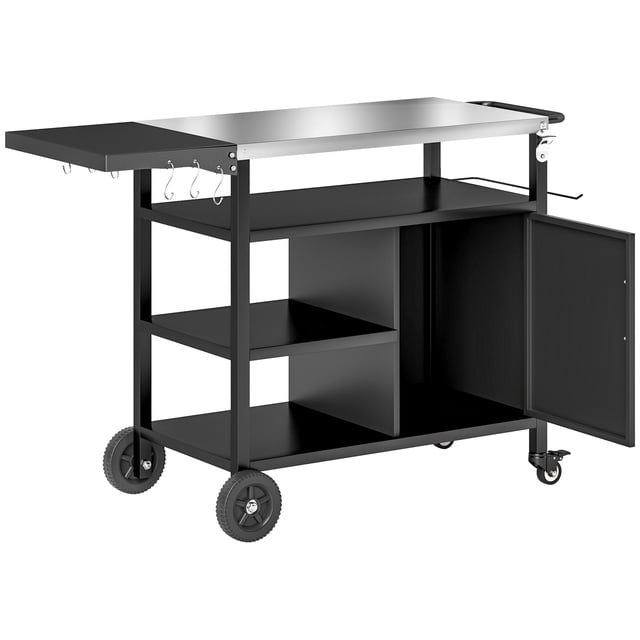 CoSoTower Outdoor BBQ Stand with Foldable Side Table, Stainless Steel Top, Pizza Oven Table with Wheels Hooks Shelves