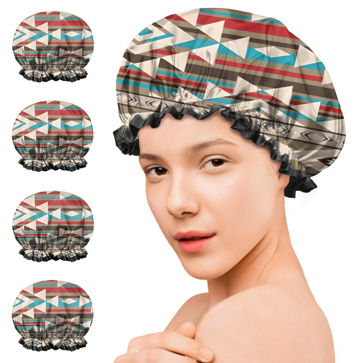 Shower Caps,Brown Triangular Geometric Pattern Waterproof Shower Cap for Women 4 Pieces,Double Reusable Hair Cover for Shower PEVA Elastic Stretch Hem