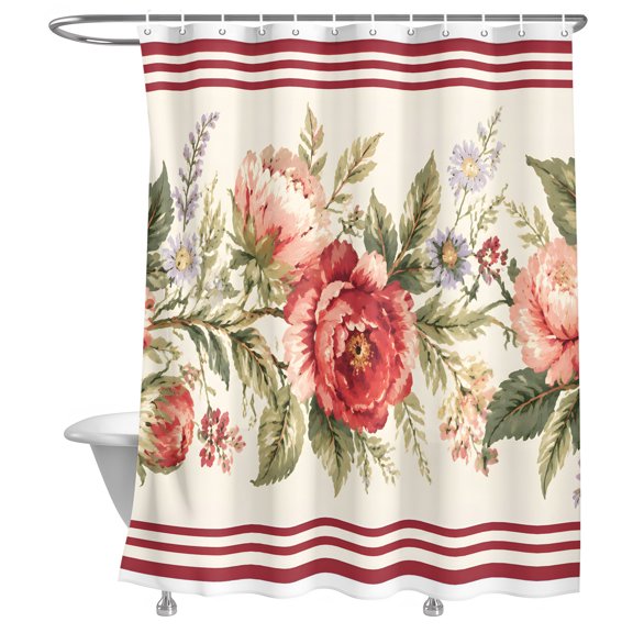 Bathroom Shower Curtain Country Flower Leaves Watercolor Floral Waterproof Shower Curtains with Hooks, Red Stripe Bath Curtains Bathtub Curtain Home Decor 48x72in