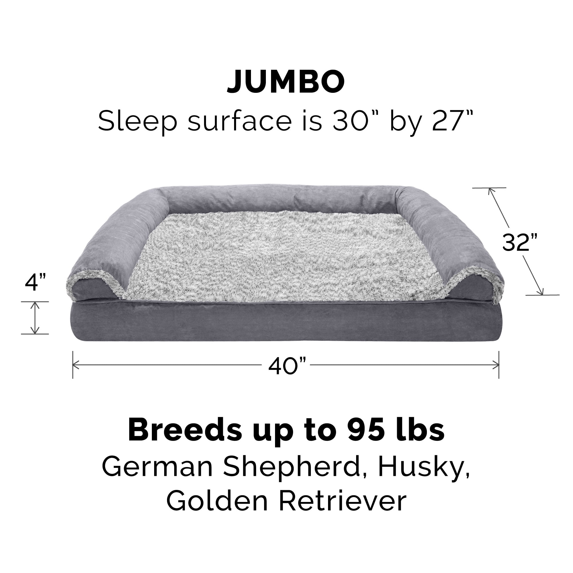 FurHaven Two-Tone Faux Fur & Suede Full Support Orthopedic Sofa Pet Bed for Dogs & Cats - Jumbo, Stone Gray