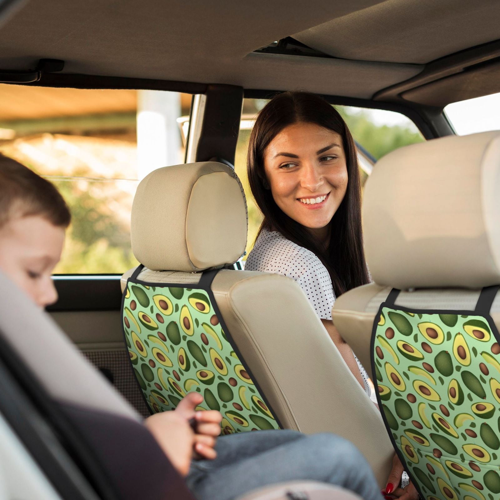 Xecao Avocado With Seeds Pattern Car Seat Back Protector 2 Pack Large Capacity Pocket, Kick Mats Back Seat Protector