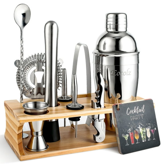 Bartender Kit with Stylish Bamboo Stand, 11 Piece 25oz Cocktail Shaker Set for Mixed Drink, Professional Stainless Steel Bar Tool Set, Gift for Man Dad- Cocktail Recipes Booklet