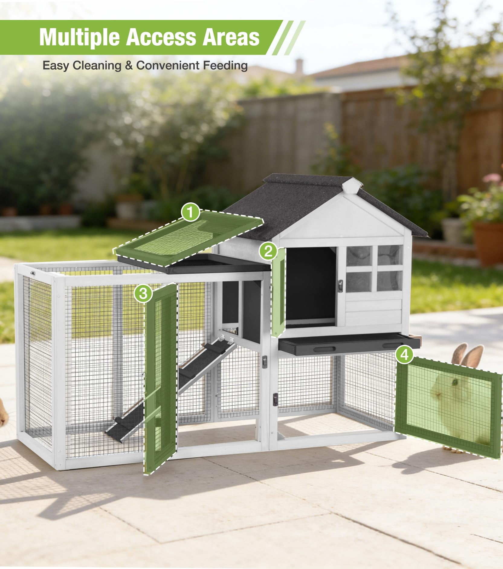 Aivituvin Rabbit Hutch Outdoor Rabbit Cage Indoor 51.6" L Waterproof Bunny Cage with Chew-Proof Ramp and Lockable Doors for Indoor Outdoor Use Black and White