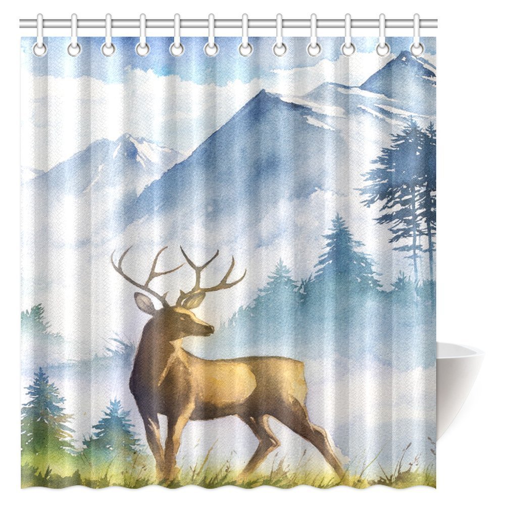 Deer Shower Curtain - Pine Tree & Deer Silhouette, Rustic Cabin Farmhouse Bathroom Decor With Hooks