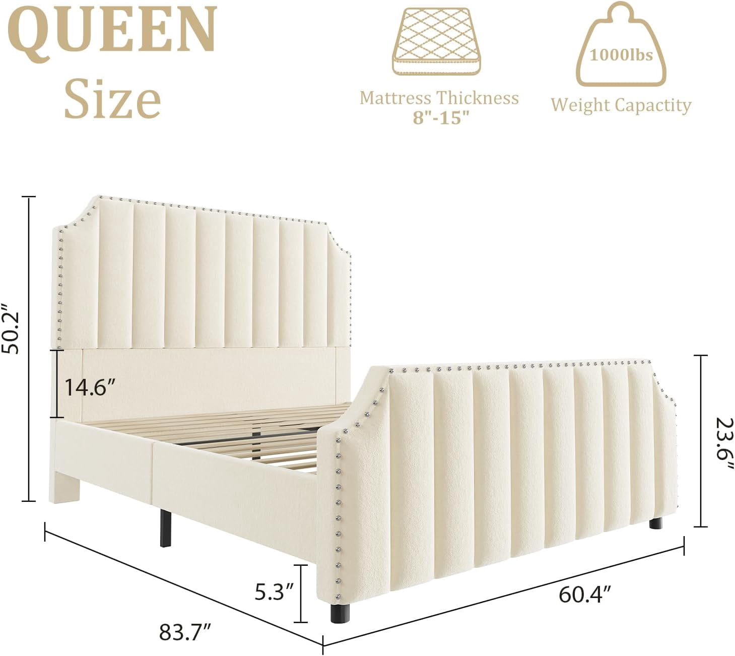 Eastvita Queen Size Velvet Upholstered Platform Bed Frame - 50.2" Tufted Headboard & Footboard, Nailhead Trim, Beige