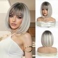 thumbnail image 4 of Short Straight Bob Wig -2025 New With Bangs,Highlight Deep Root,9.8 In Natural Synthetic Hair For Women,Heat-Resistant Daily Party Wear Chin Length(Gradient Gray White),Gold, 4 of 8