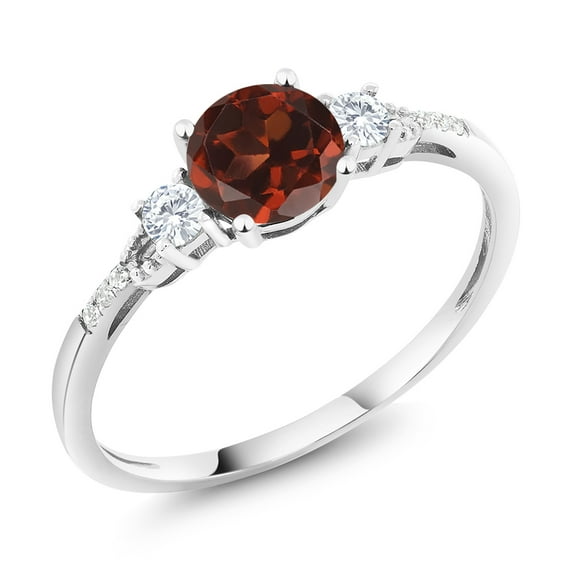 Gem Stone King 10K White Gold Red Garnet White Created Sapphire and White Diamond Accent 3-Stone Engagement Ring for Women (1.14 Cttw, Round 6MM, Gemstone January Birthstone, Size 6)