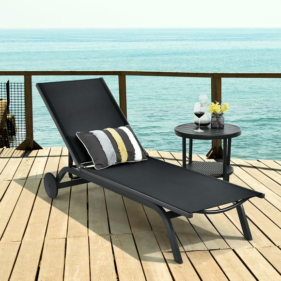 Costway Outdoor Patio Lounge Chair Chaise Reclining Aluminum Fabric Adjustable Black