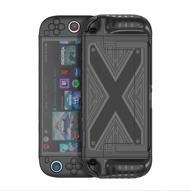 funda de tpu para nintendo switch 2 con protector ergonómico antirrayaduras para el mango de la consola AARONMEI en negro; vista frontal y posterior centrada. Carcasa híbrida TPU+PC de perfil ultradelgado que cubre bordes y esquinas, agarre ergonómico texturizado y antideslizante en los mangos, acabado mate que reduce huellas y manchas, peso aproximado 120 g, diseñada para mantener la respuesta táctil y compatible con Nintendo Switch 2. También es adecuada para transportar la consola con mayor sujección durante viajes.