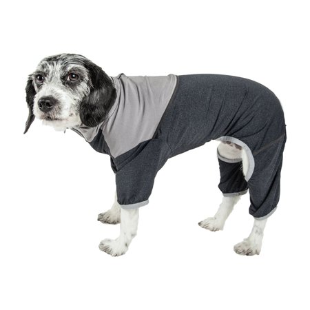 UPC: 0810787036716 | Pet Life Active Embarker Heathered Performance 4-Way Stretch Two-Toned Full Bodied Warm Up Track Suit – Black & Grey – Small
