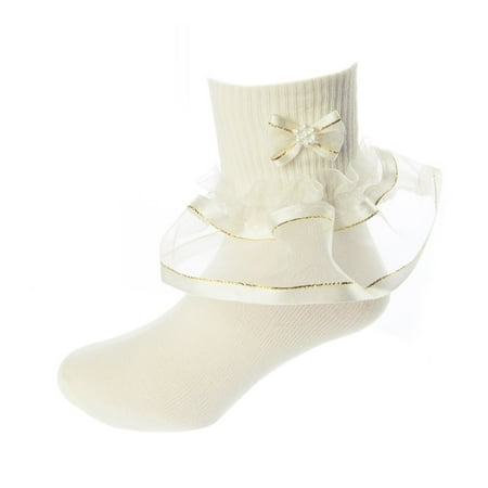 

DressForLess Multi Color Girls Socks with Color Ruffled Organza Lace and Ribbon Ivory Gold Baby 3 - 4