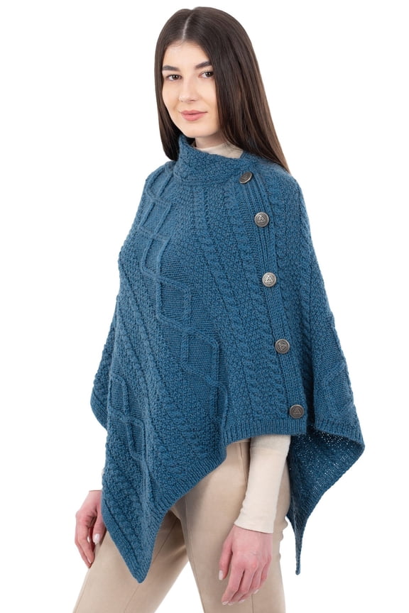 Aran Cable Knit Cowl Neck Poncho 100% Soft Merino Wool Women's Irish Cape with Side Buttons from Ireland
