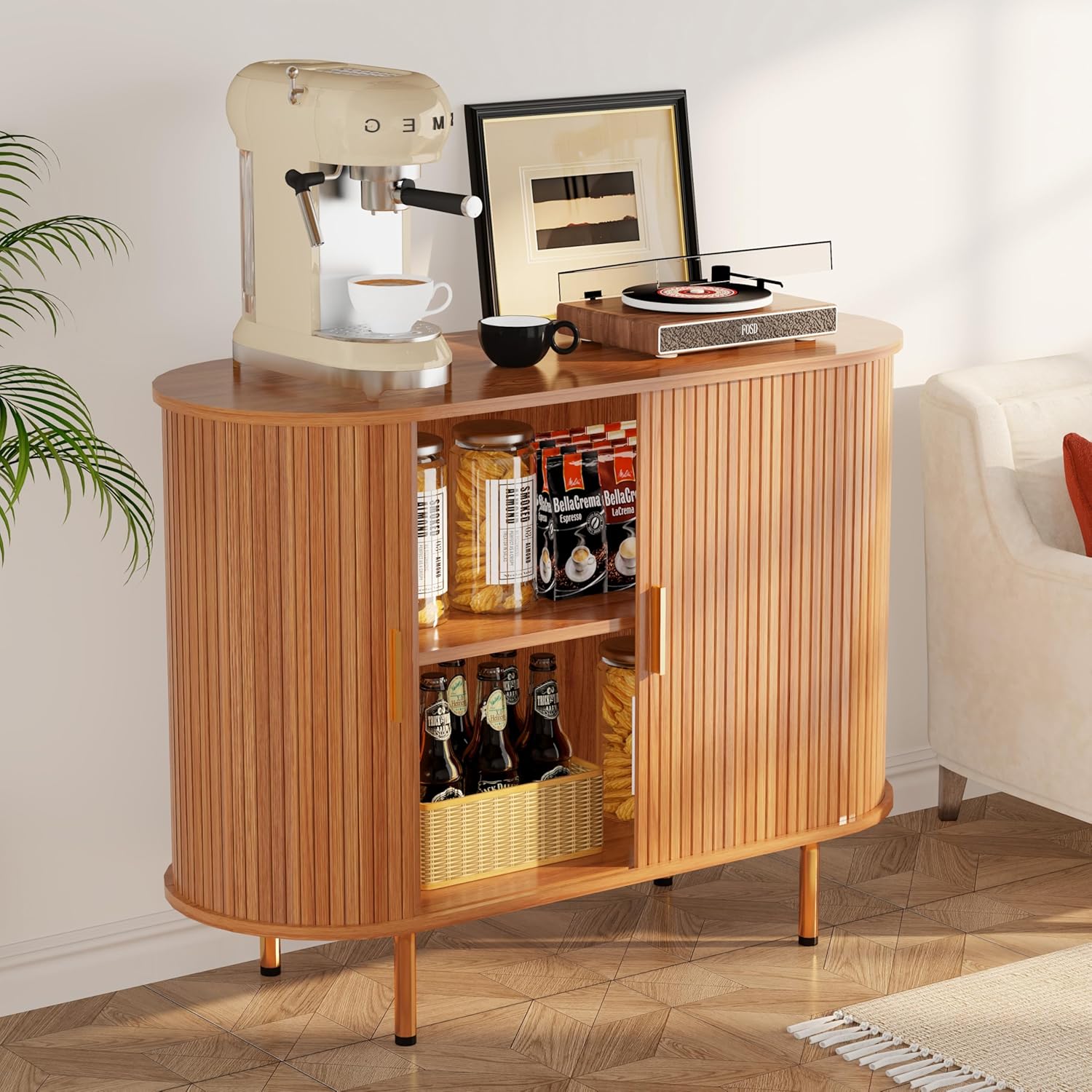 TiramisuBest Sideboard Buffet Cabinet with Storage, 40" Storage Cabinet with Fluted Tambour Sliding Doors & Adjustable Shelf for Entryway, Kitchen, Home Bar (Yellow Walnut)