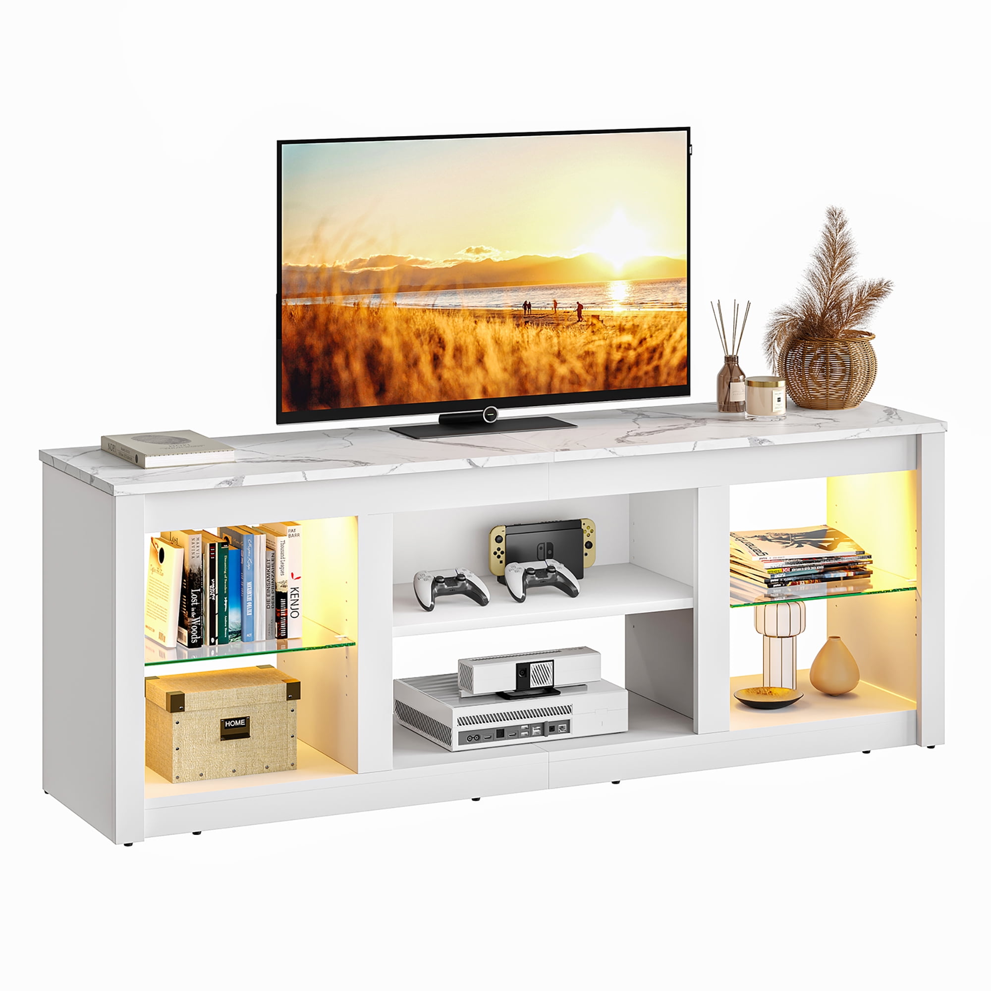 Bestier LED TV Stand for TVs up to 70", Entertainment Center with Storage Shelves, White Marble
