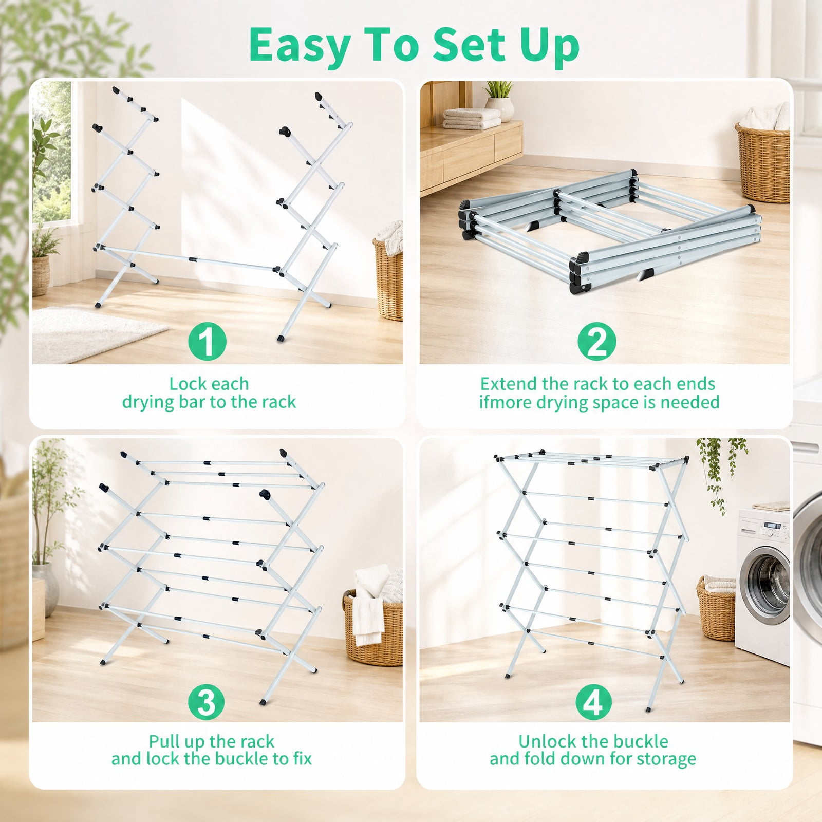 Fenbeli 3-Tier Clothes Drying Rack, White Foldable Steel Laundry Stand with 11 Drying Rods, Space-Saving Design for Indoor and Outdoor Use
