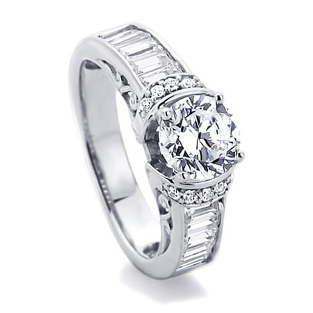 - Sterling Silver Baguette Accented Round CZ Solitaire Engagement Ring