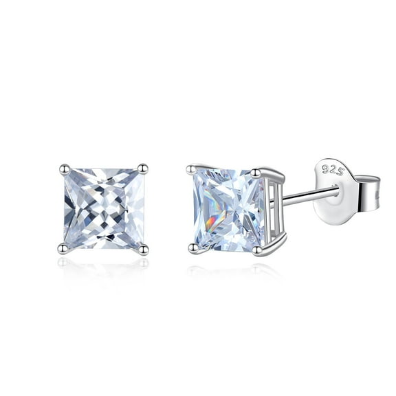 Lavishe Rhodium Plated Sterling Silver 925 AAA Cubic Zirconia Princess Cut Stud Earrings, 6MM