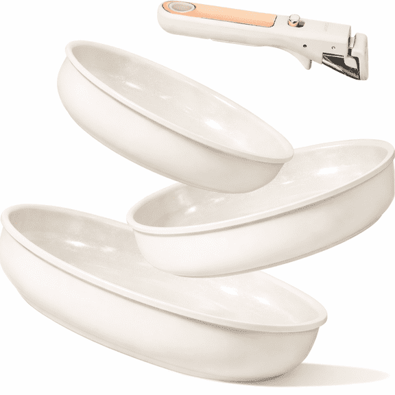 Carote 4 Pcs Ceramic Pans Set, Nonstick Skillets with Detachable Handle, Oven Safe, Induction Cookware, Stackable Kitchen Set, Cream White