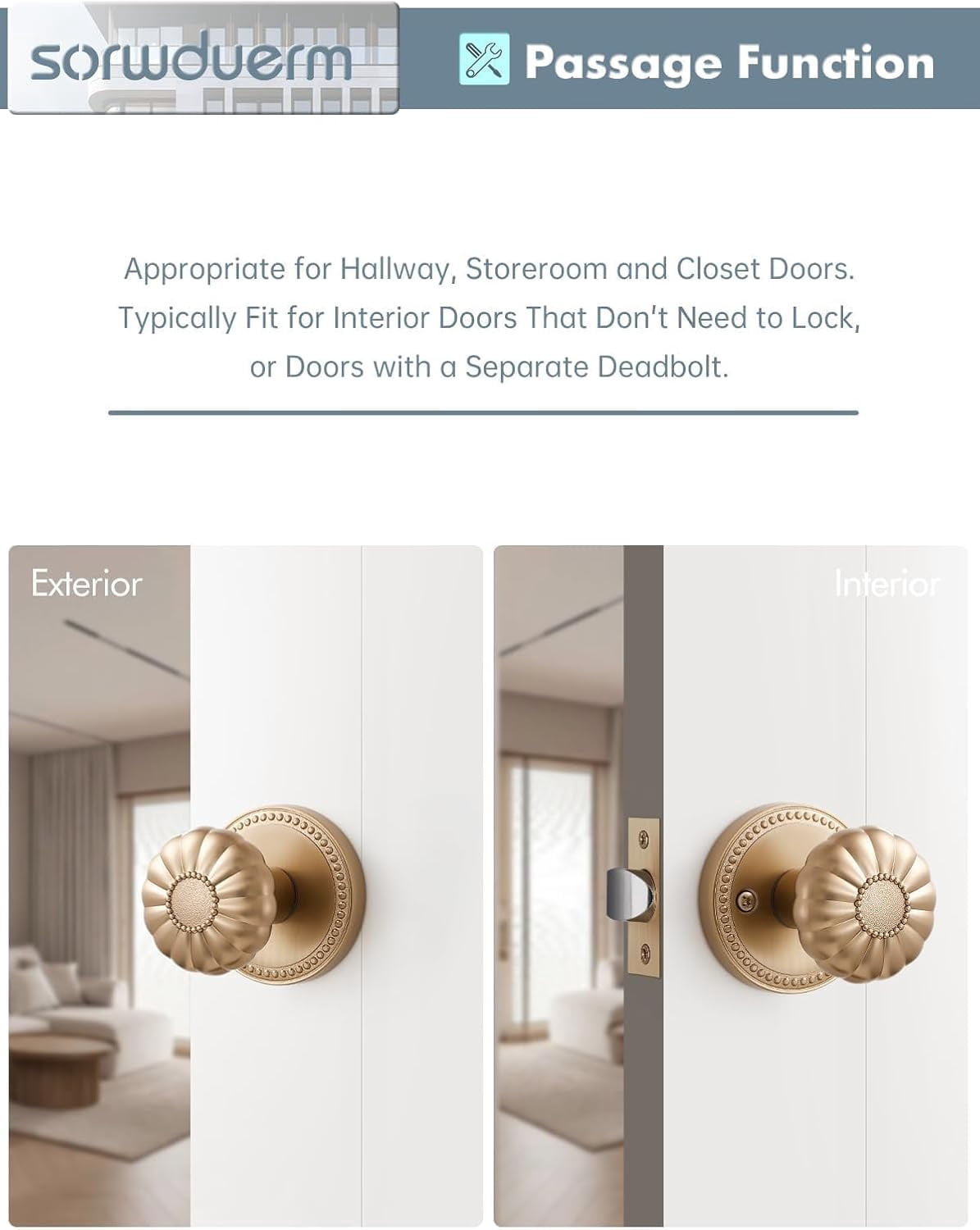 1 Pack Champagne Bronze Door Knobs Passage Door Knobs Interior Satin Brass Door Knob for Hall and Closet,Zinc Alloy