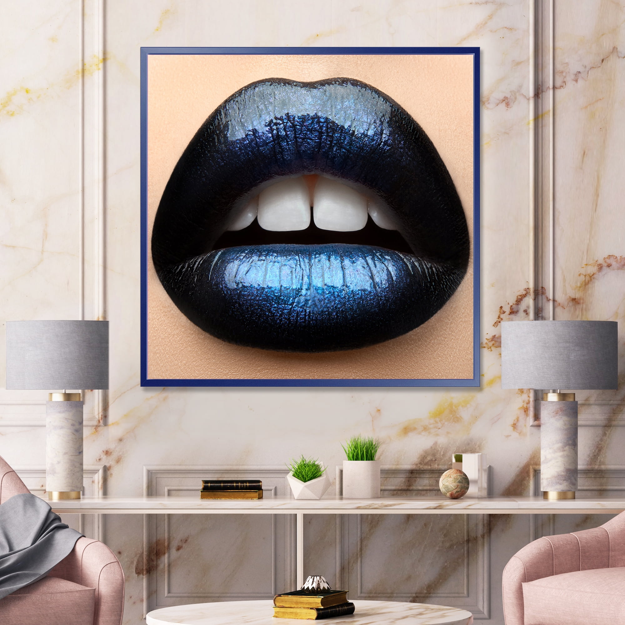 Girl Lips With Black and Blue Lipstick 36 in x 36 in Framed Photography Canvas Art Print, by Designart