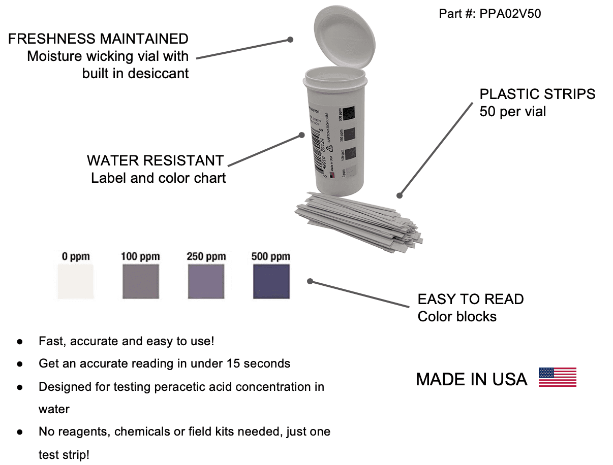 Peracetic Acid Plastic Test Strips, High Level, 0-1000 ppm [Vial of 50 Strips]