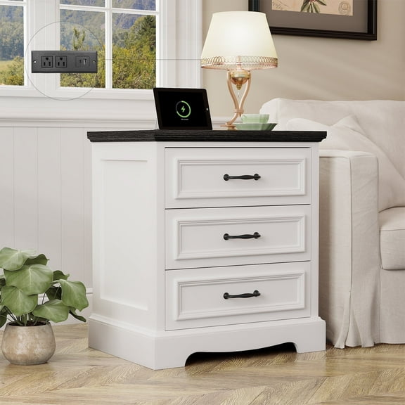 Farmhouse Nightstand with Charging Station, 3 Drawers White Bedside Table for Bedroom for Adults
