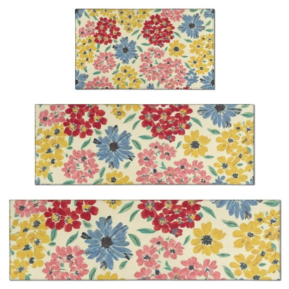 Pioneer Flower Floral Print Pattern Kitchen Rugs Sets Of 3,Kitchen Runner Rugs Non Skid Washable,Decorative Kitchen Floor Mats for Kitchen,Sink,Laundry,17"x30" 17"x47" 17"x59"