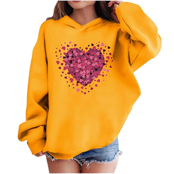 Valentine Hooded Sweatshirts For Kids Long Sleeve Print Pullover Tops Holiday Casual Loose Stylish Hoodies (13 Years, Yellow-K)