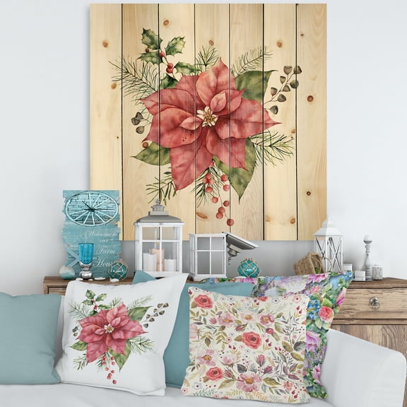 Designart 'Christmas Fir Branch and Holly Mistletoe Berries II' Traditional Print on Natural Pine Wood