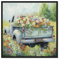 Vintage Trucks And Flowers Chic Farmhouse Canvas Wall Art by Art Remedy, Black Floater Frame, 12"x12"