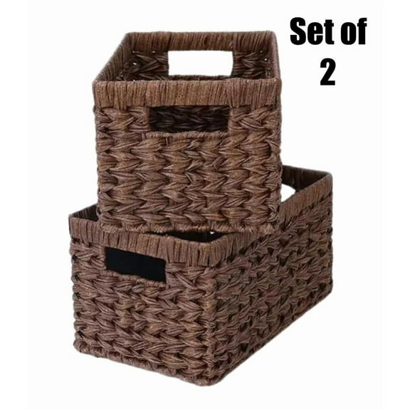 Set of 2 Pcs Water Hyacinth Rattan Wicker Storage Brown Rectangular Basket