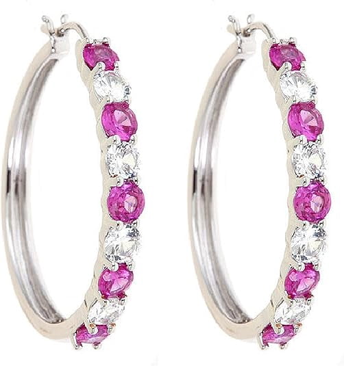 Beyond Brilliance Silver Finish Over Brass Round Cut Pink and White Sapphire Hoop Earrings for Women