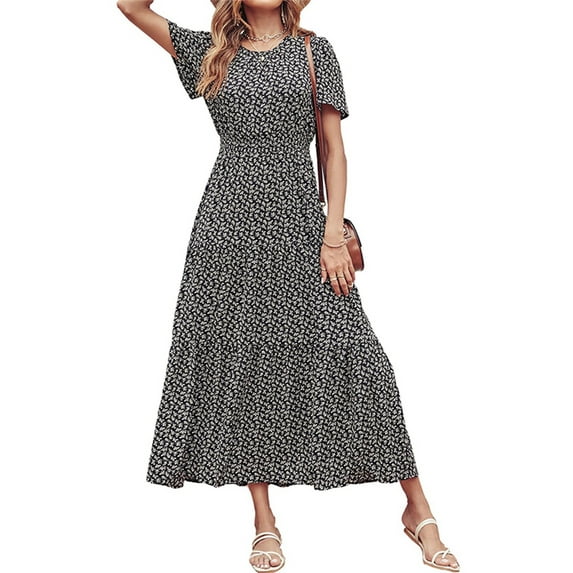 KOMOO Women Boho Long Dress Elastic Waist Floral Printed Dress Round Neck Short Sleeve Sundress