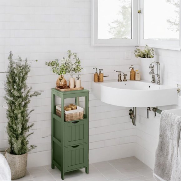 LEDREM Corner Storage Cabinet with 2 Drawers, 35 Inch Tall Freestanding Organizer for Bathroom Living Room, Forest Green