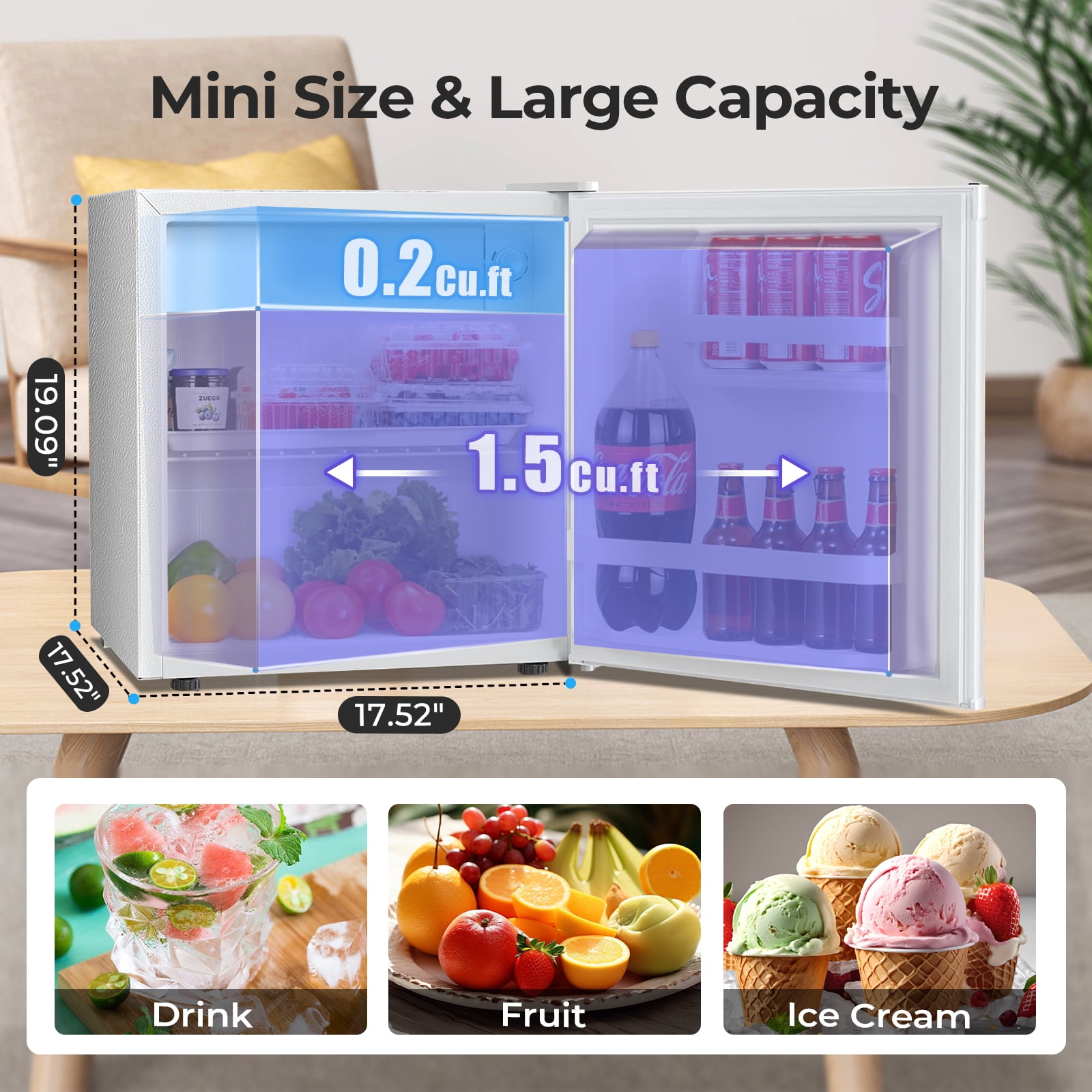 WAA 1.6 cu.ft Small Upright Mini Fridge with Freezer - Removable Shelves,7-Level Adjustable Thermostat,Low Noise,Suitable for Bedroom/Apartment/Office(White)