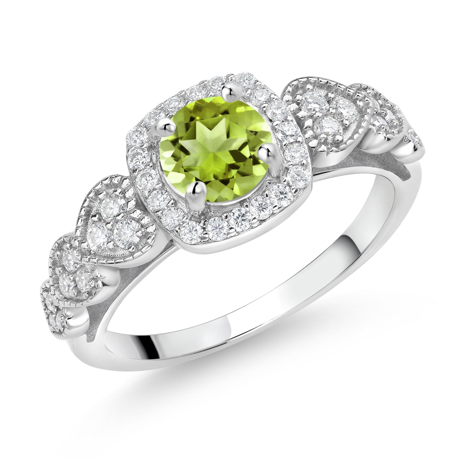 Gem Stone King 925 Sterling Silver Green Peridot and White Moissanite Engagement Ring for Women (1.38 Cttw, Round 6MM, Gemstone August Birthstone, Size 8)